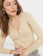 Monki Silja V-neck Glitter Cardigan In Camel-gold