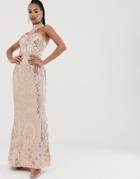 Bariano High Neck Sequin Gown In Rose Gold - Pink