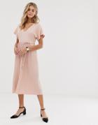 Asos Design Textured V Neck Midi Skater Dress With Pleated Skirt-pink
