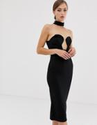 Asos Design Midi Bandeau Bodycon Dress With Chain Back Detail-black