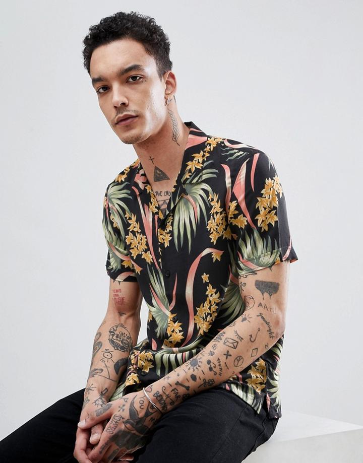 Allsaints Short Sleeve Revere Shirt With Tropical Print - Black