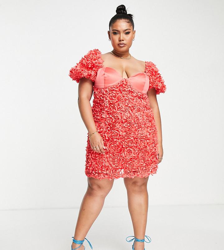 Asos Luxe Curve 3d Floral Puff Sleeve Cupped Mini Dress In Red