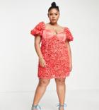 Asos Luxe Curve 3d Floral Puff Sleeve Cupped Mini Dress In Red