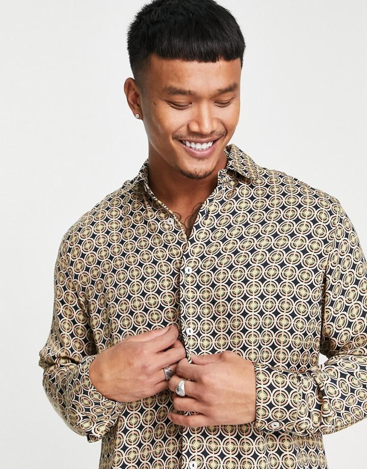 Pull & Bear 70's Geometric Printed Long Sleeve Shirt-black
