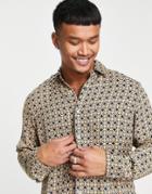 Pull & Bear 70's Geometric Printed Long Sleeve Shirt-black