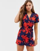 Qed London Floral Wrap Front Romper - Navy