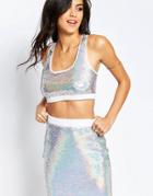 Asos Crop Top Coord In All Over Sequins - Silver