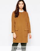 Helene Berman Camel Zip Front Collarless Coat - Camel