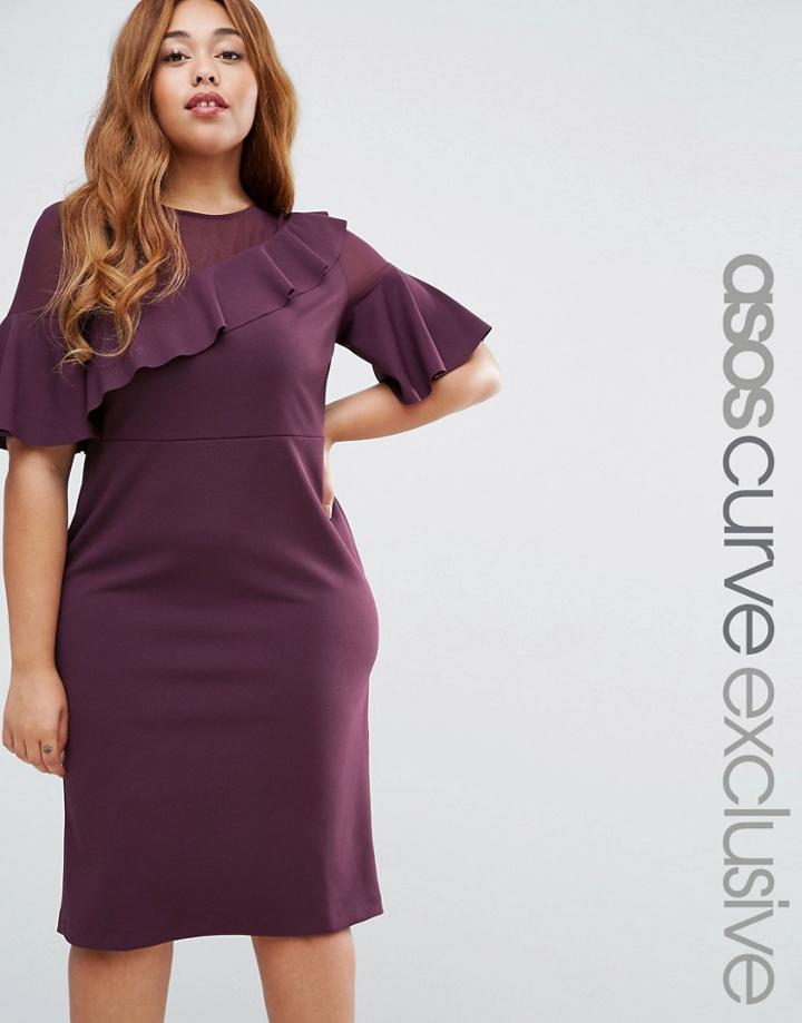 Asos Curve Wiggle Dress With Woven Sheer Panel And Frill Detail - Red