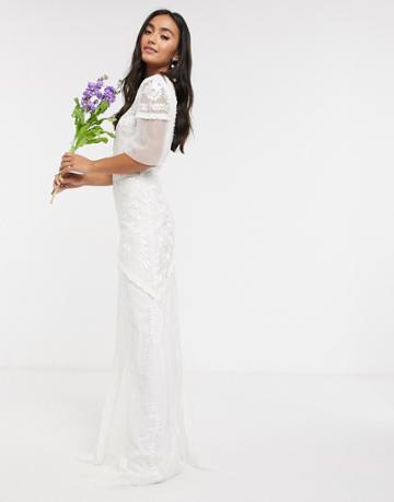 Frock And Frill Bridal Maxi Dress With Embellishment And Frill Detail-white