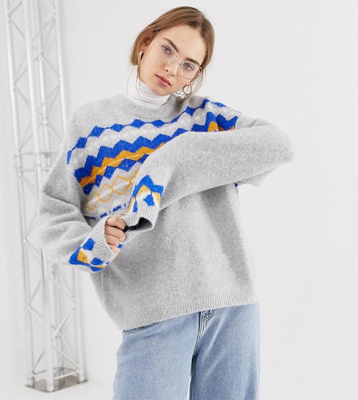 Weekday Fluffy Sweater With Check Print In Gray