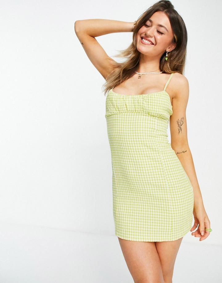 Pull & Bear Gingham Side Slit Dress In Green