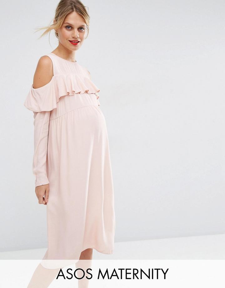 Asos Maternity Ruffle Front Cold Shoulder Dress - Pink