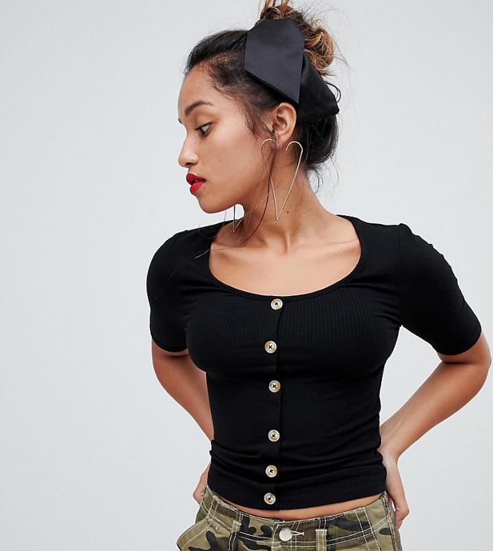 New Look Petite Rib Button Through Tee - Black