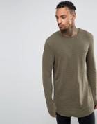 Asos Stripe Longline Long Sleeve T-shirt With Curved Hem - Green
