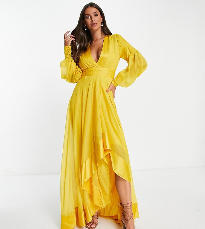 Asos Design Tall Maxi Dress With Satin Paneling And Self Belt In Yellow-multi