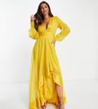 Asos Design Tall Maxi Dress With Satin Paneling And Self Belt In Yellow-multi
