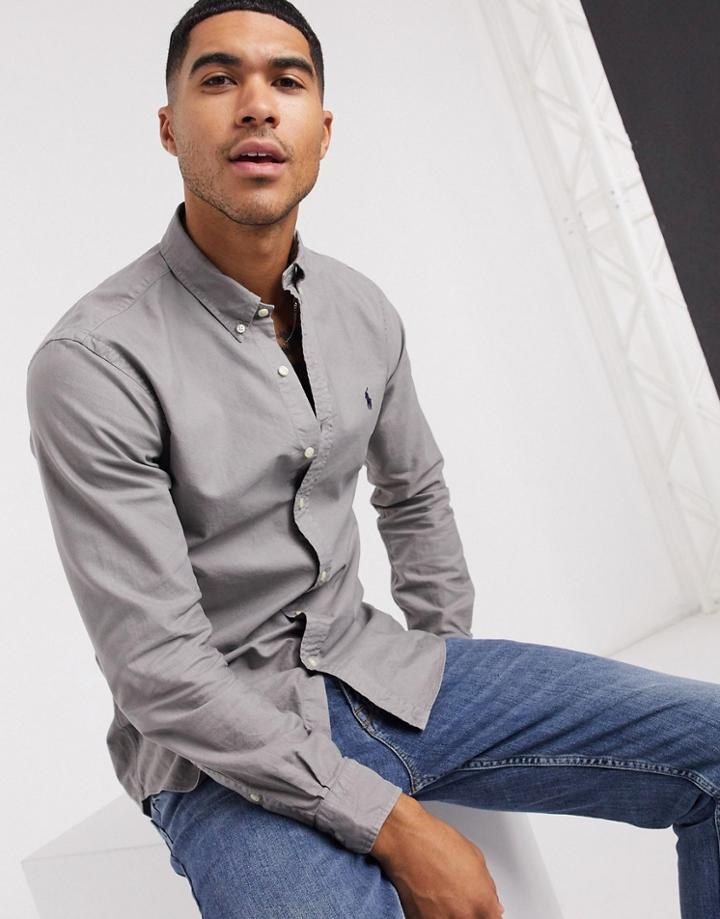 Polo Ralph Lauren Player Logo Garment Dye Oxford Shirt Slim Fit Buttondown In Gray-grey