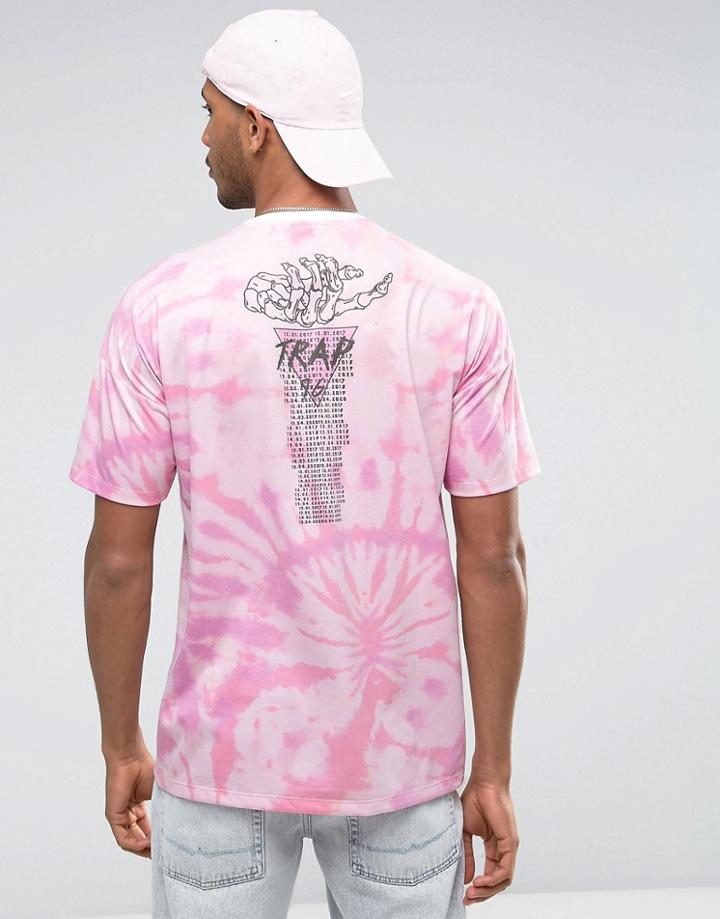 Asos Oversized T-shirt With Tie Dye & Tour Logo Print - Pink