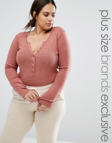 One Day Plus Button Down Long Sleeve Rib Body - Brown