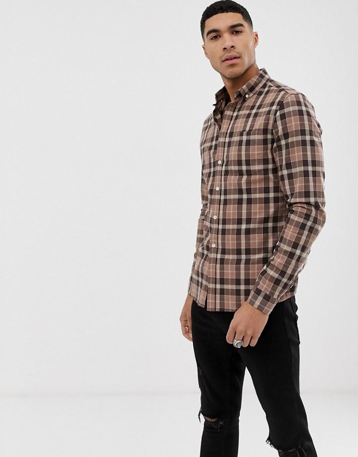 Asos Design Slim Fit Check Shirt In Brown