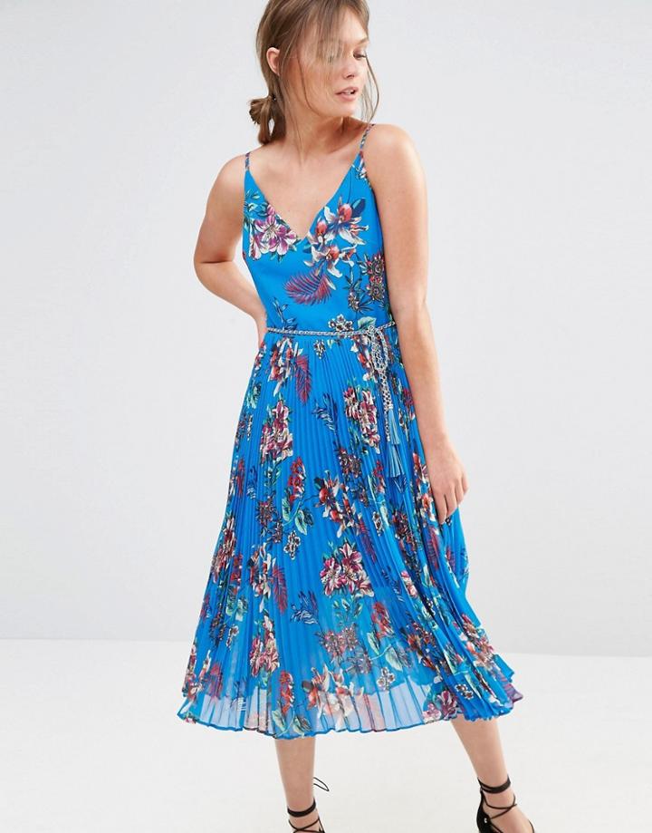 Oasis Pleated Cami Dress In Tropical Print - Blue