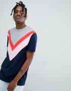 Asos Design Relaxed Longline T-shirt With Chevron Color Block In Navy - Navy