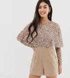 Maya Petite Cape Detail Romper With Tonal Delicate Sequin Top In Taupe Blush-brown