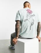Asos Design Relaxed T-shirt In Light Green With Back Embroidery And Print-blues