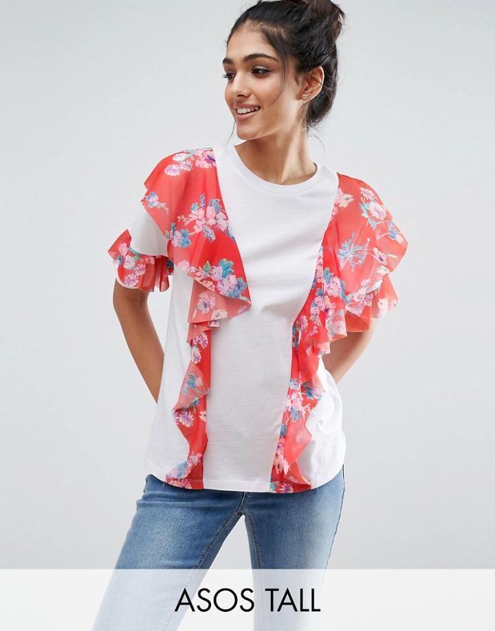 Asos Tall T-shirt With Floral Ruffle Detail - White