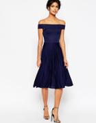 Asos Off The Shoulder Bardot Pleated Midi Dress - Navy