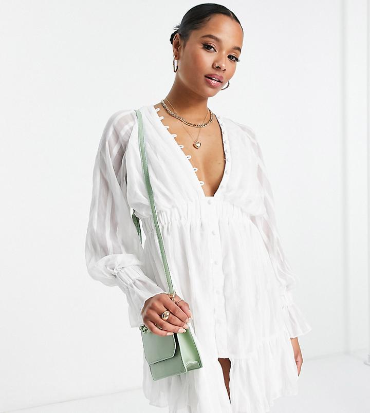 Asos Design Petite Satin Stripe Midi Dress With Blouson Sleeves And Button Detail In White