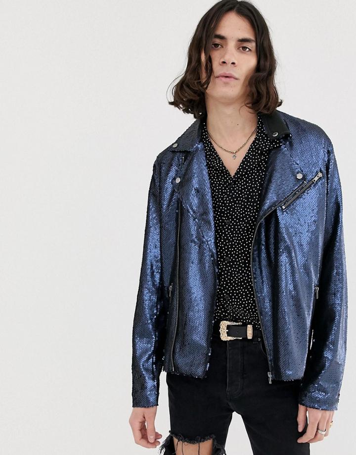 Asos Design Festival Sequin Biker Jacket In Navy - Navy