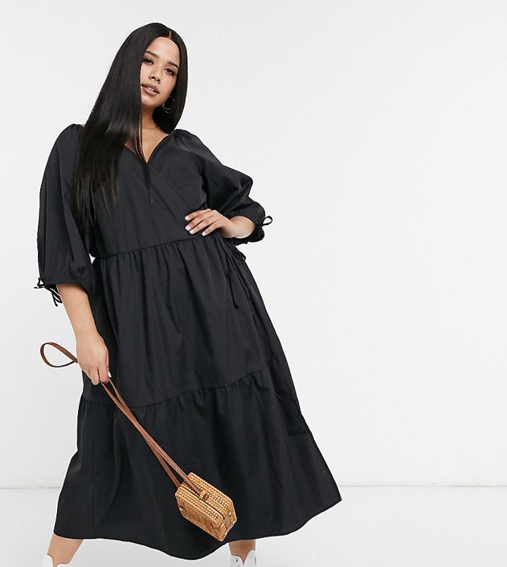 Asos Design Curve Cotton Poplin Smock Wrap Midi Dress In Black