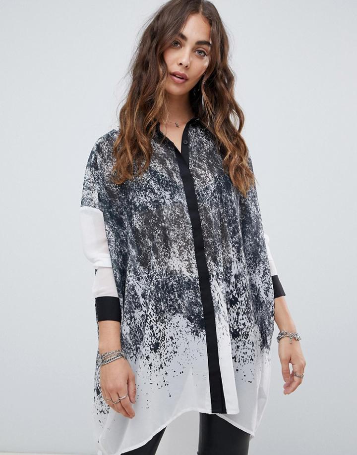 Religion Falling Fire Long Sleeve High Low Loose Fitted Shirt - Black