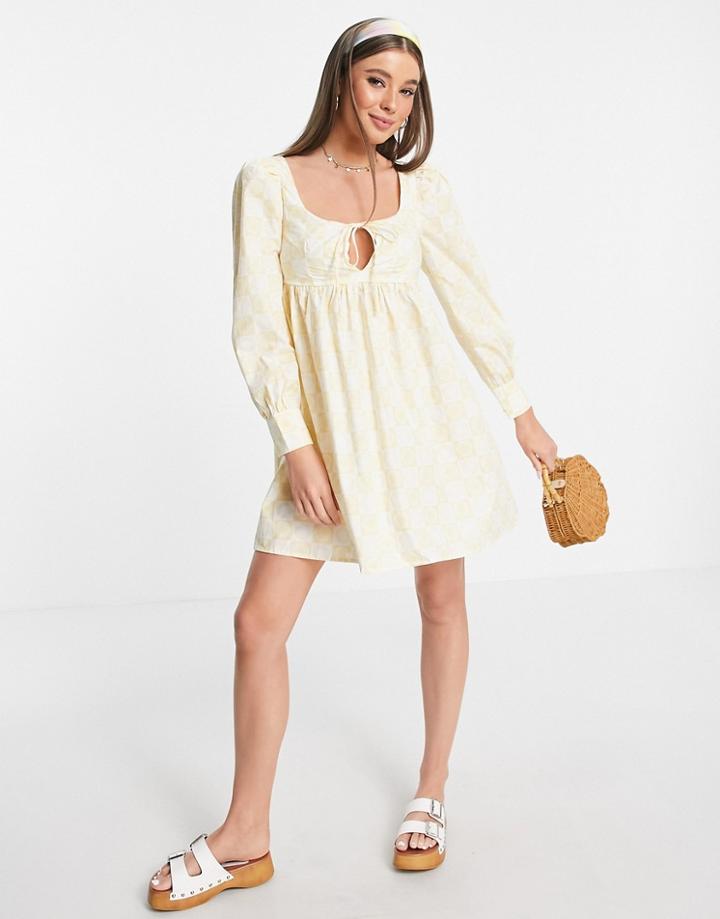 Glamorous Long Sleeve Mini Prairie Dress In Yellow Check Print-multi