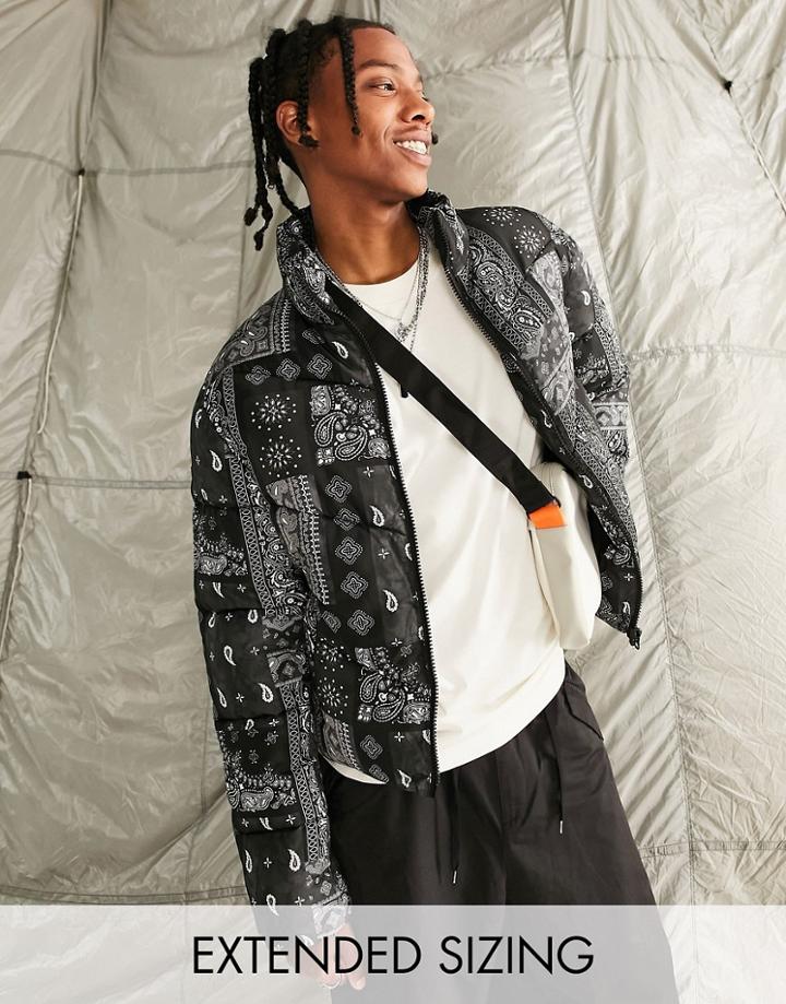 Asos Design Puffer Jacket In Paisley Print-black