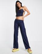 Motel Y2k Low Waist Relaxed Pants In Indigo Chambray - Part Of A Set-navy