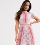 True Decadence Petite Ruffle Front Mini Dress With Contrast Lace In Pink
