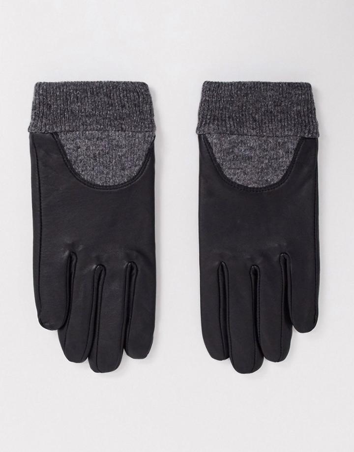 Asos Design Leather Gloves With Touch Screen And Rib Cuff-black