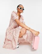 Y.a.s Cotton Midi Dress With Frill Collar And Pephem Skirt In Pink Floral-multi