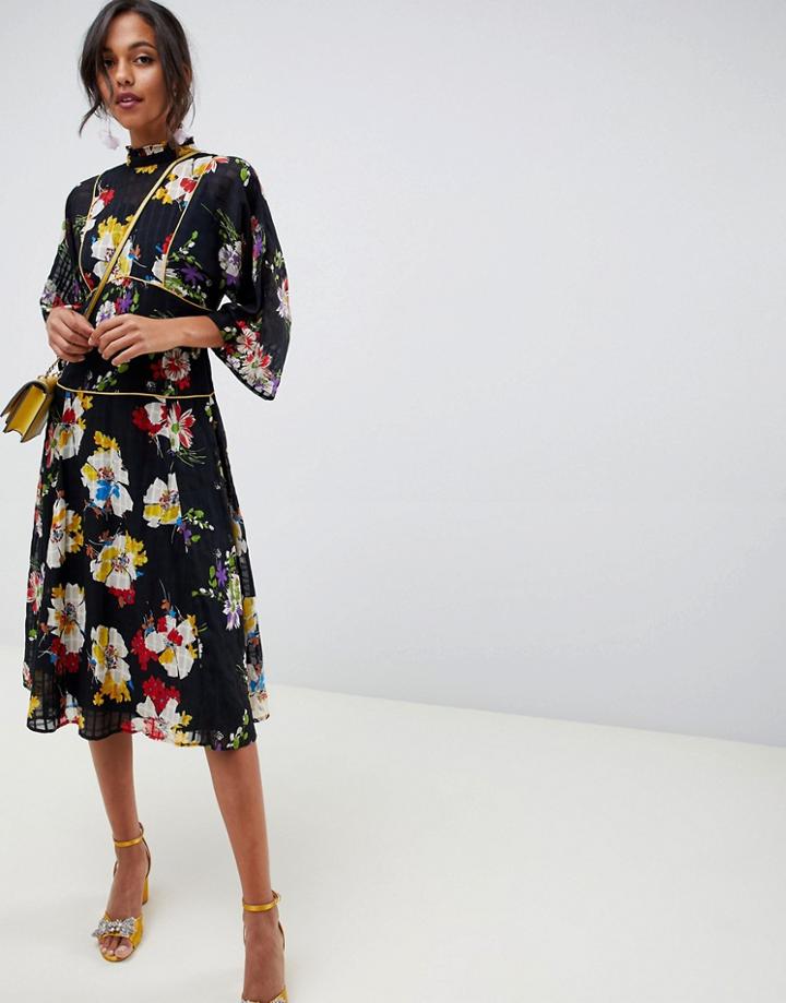 Asos Design High Neck Midi Dress In Grid Floral With Long Sleeves - Multi