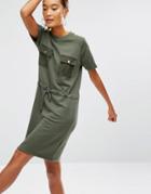 Daisy Street Sweat T-shirt Dress With Drawstring Waist & Pockets - Khaki
