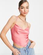 Asos Design Satin Scarf Top With Cowl Neck And Lace Up Back In Pink