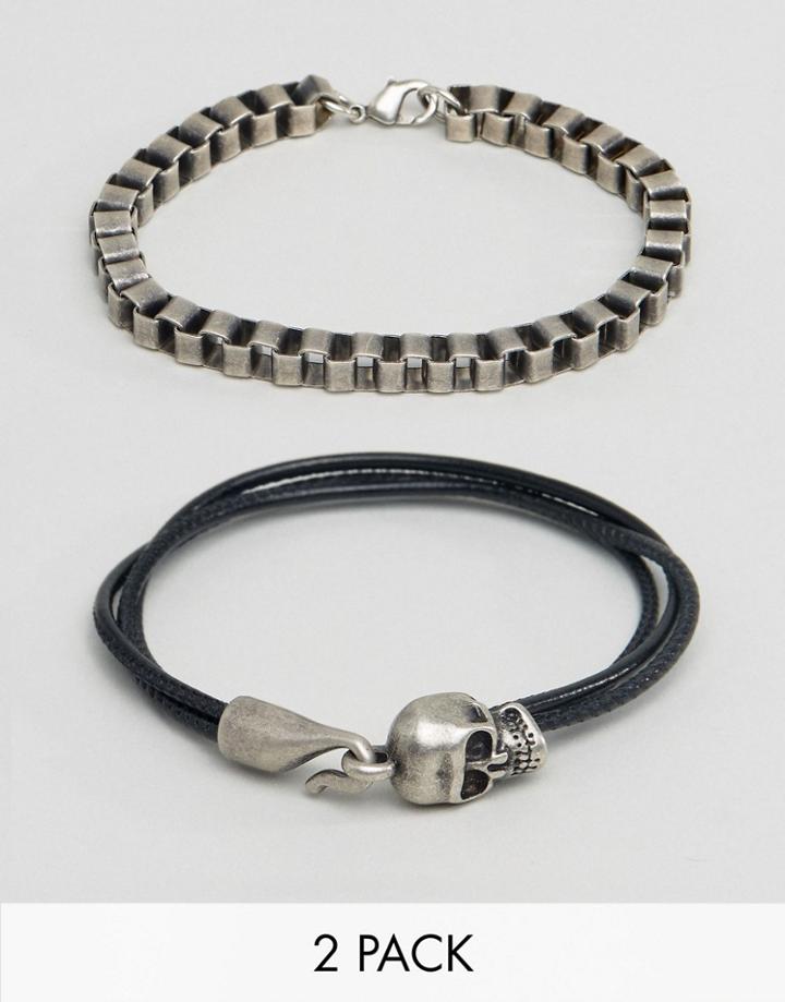 Asos Bracelet Set With Chain And Skull In Burnished Finish - Silver
