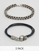 Asos Bracelet Set With Chain And Skull In Burnished Finish - Silver