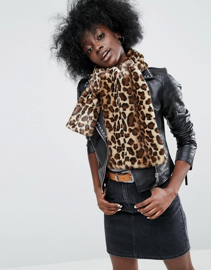 Asos Long Faux Fur Leopard Scarf - Brown