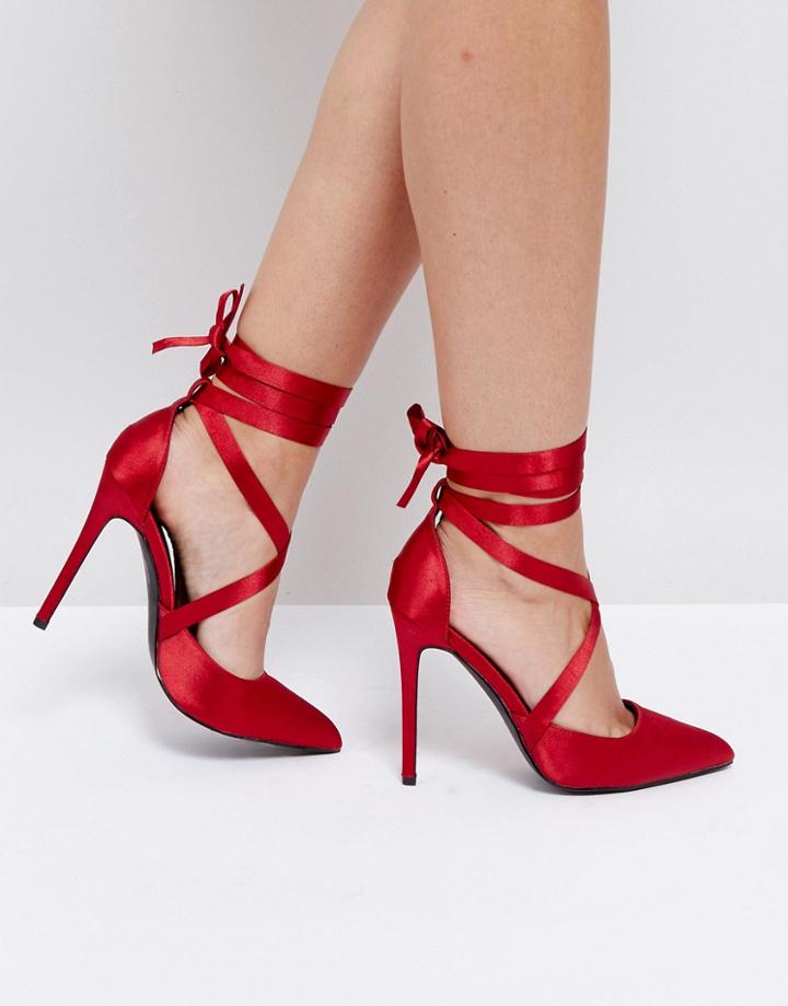 Public Desire Nebula Bright Red Lace Up Stiletto Pumps - Red
