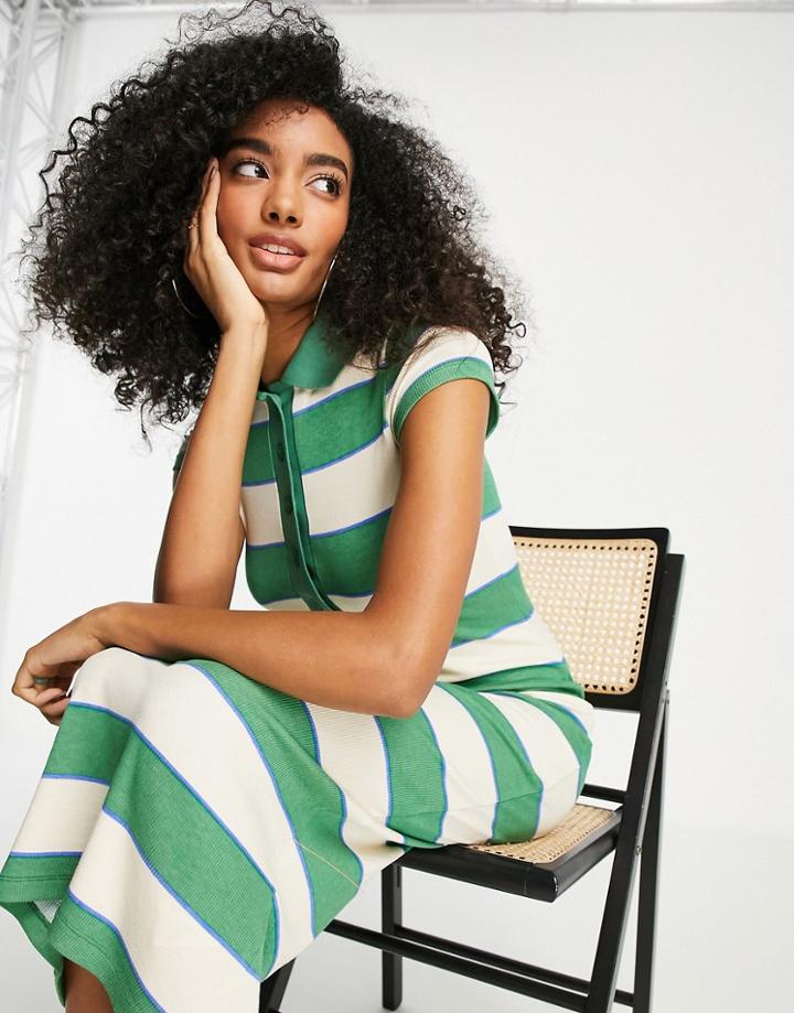 Asos Design Collared Ribbed Midi Polo Dress In Bright Green Stripe-multi