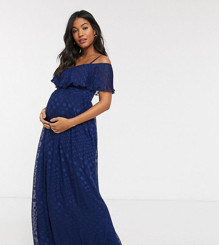 Little Mistress Maternity Off Shoulder Maxi Dress In Spot Jacquard In Navy